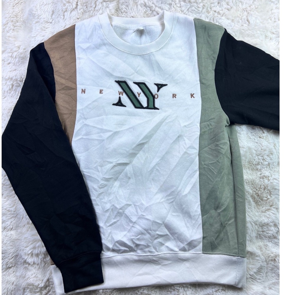 Torkia Gifts New York Colorblock Sweatshirt Sz S White Green Tan Embroidered A30